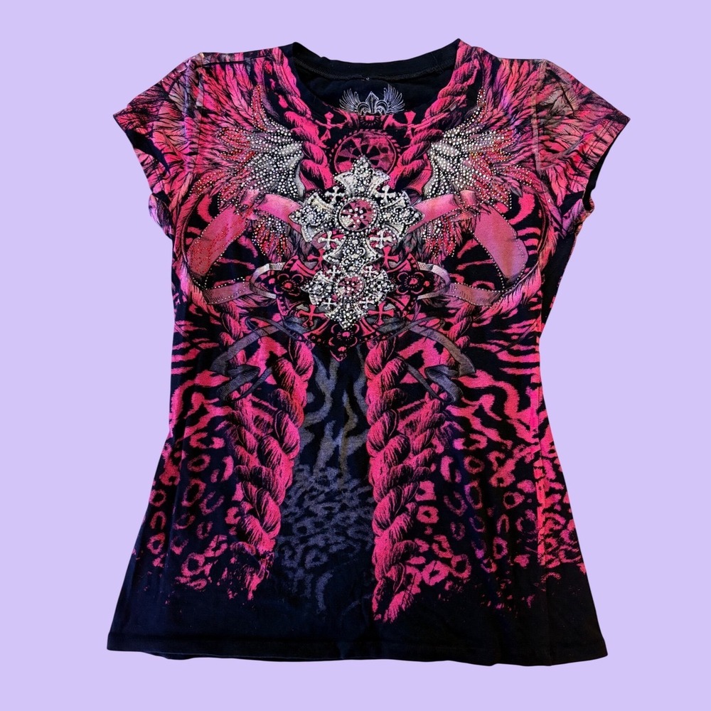 Y2K Xzavier Scene Grunge Graphic Tee Rhinestone Cross Wing #18